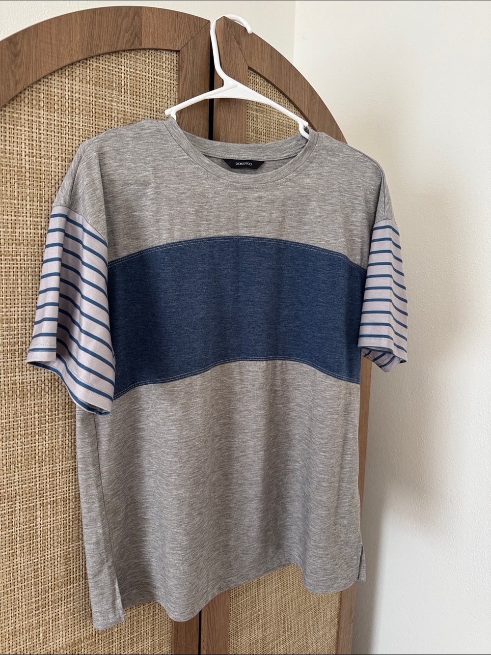 Dokotoo Gray Navy Blue Colorblock Striped Sleeve Relaxed T Shirt Top Size S